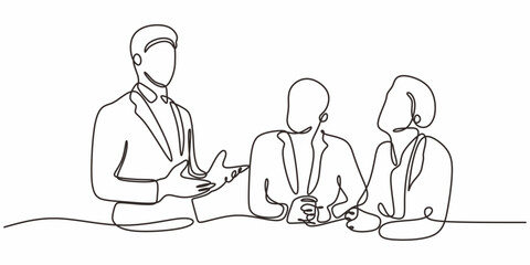 Minimalist One Line Business Speaker. Presentation Workplace Scenario Vector Art.