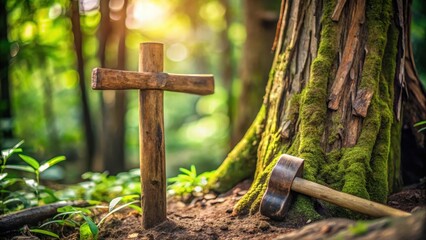 A rustic wooden cross with a hammer placed nearby on a tree trunk, surrounded by foliage and roots , twig