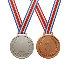 Silver and bronze medals hanging with red white and blue ribbons sports achievement award competition concept on transparent background