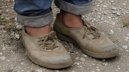 Muddy Shoes on Gravel Road, Dirty Sneakers, Outdoor Footwear