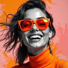 Portrait of stylish young woman with bright makeup and orange sunglasses. Happy female smiles wearing stylish outfit. Fashion model poses. Face, smile, eyewear concept.