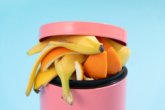 Food waste disposal, composting. Trash can on blue