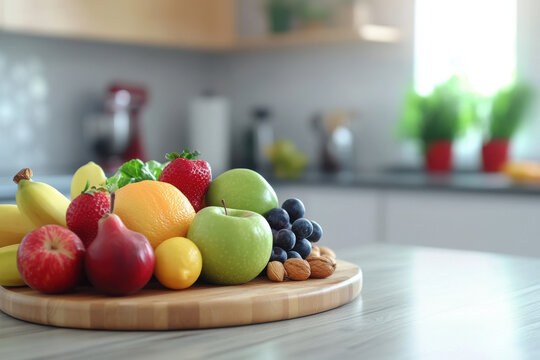 of fresh fruits and vegetables on wooden table vibrant smoothies and vitamin salads organic products in kitchen.