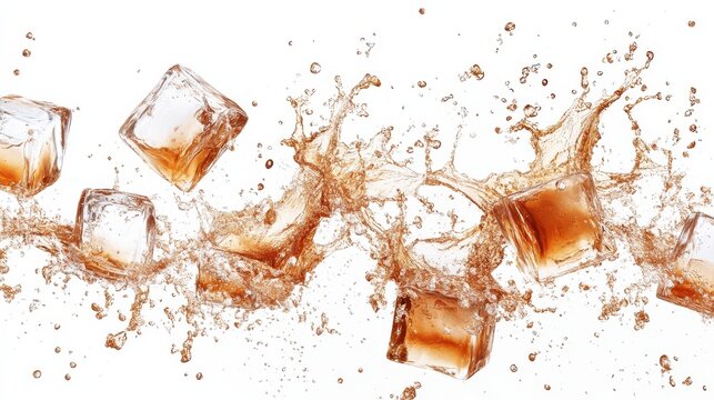 Ice cubes splashing into a glass of cola, creating a dynamic brown liquid splash against white background.