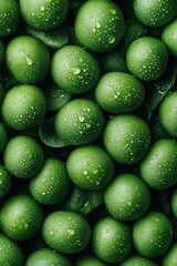 Close up of many small green fruits covered in water drops on leaves background. Refreshing natural texture from overhead