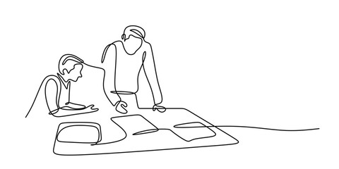 Minimalist One Line Vector Two Men. Analyzing Documents Business Teamwork Art.