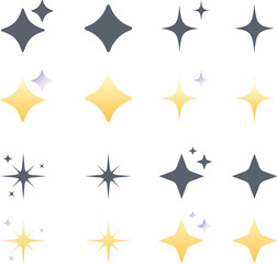 Set of blinking stars, sparks and sparkles. Shining twinkle sunburst shapes collection. Magic light flare pack for design template, poster, banner, brochure, leaflet. Vector gold glitter illustration