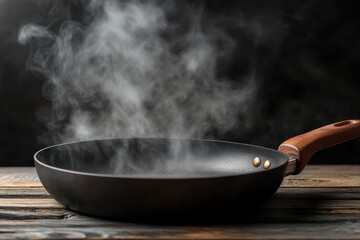 Steaming Hot Frying Pan on Rustic Wooden Tabletop Against Dark Backdrop Ready for Cooking Food