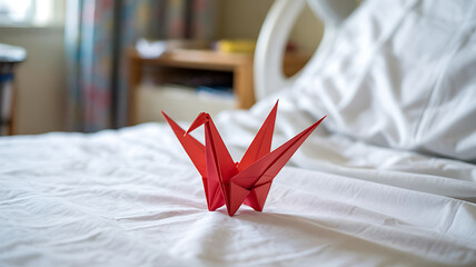 Red origami crane hope symbol healing wishes peaceful recovery serene hospital bed