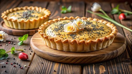 Rich golden cream overflowing from a delicate pastry crust filled with tiny poppy seeds on a wooden board, floral patterns, food styling