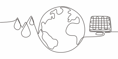 Single Line Vector Water Droplet Earth. Solar Panel Nature Clean Power Art.