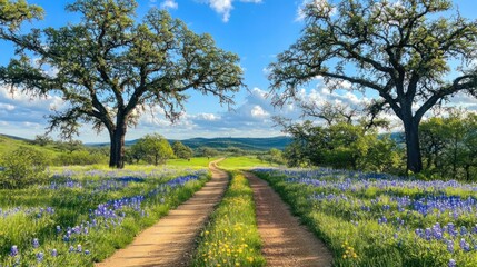 Obraz premium Scenic Dirt Road Through Texas Bluebonnet Fields