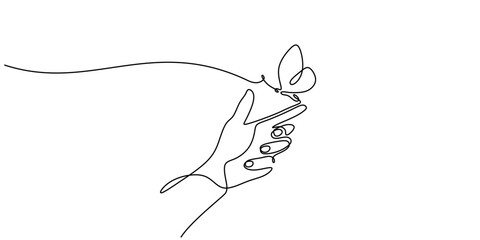 Continuous One Line Drawing Butterfly. Landing Fingertip Fragility Beauty Symbol Vector.