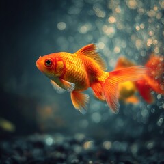 A luminous goldfish swims gracefully amidst shimmering bubbles in its watery realm