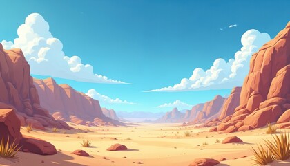 Cartoon desert landscape with rocks. Bright blue sky with white fluffy clouds. Sunny arid scenery for adventure design. Perfect for kids books, websites, travel, nature themes, animation projects.