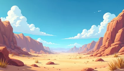 Selbstklebende Fototapeten Cartoon desert landscape with rocks. Bright blue sky with white fluffy clouds. Sunny arid scenery for adventure design. Perfect for kids books, websites, travel, nature themes, animation projects. © Viktor