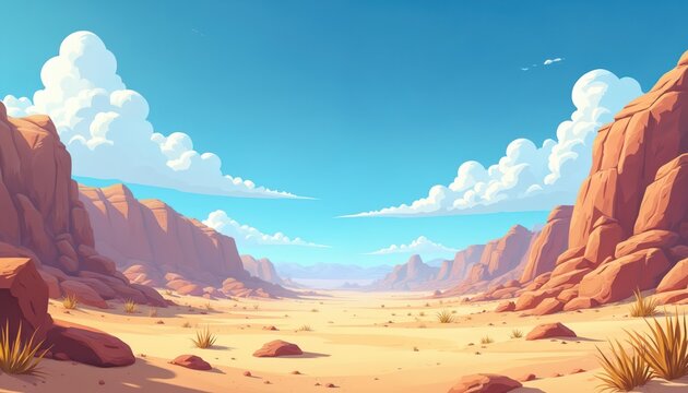 Cartoon desert landscape with rocks. Bright blue sky with white fluffy clouds. Sunny arid scenery for adventure design. Perfect for kids books, websites, travel, nature themes, animation projects.