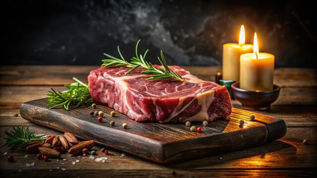 Bodeg?n de chulet?n de tenera sobre fondo negro, warm lighting, rustic decor