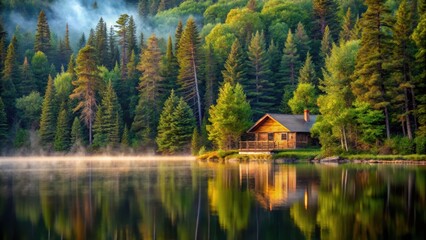 Fototapeta premium Serene wooden cabin surrounded by tall trees and misty lake waters in Algonquin Provincial Park, lake, Algonquin Provincial Park