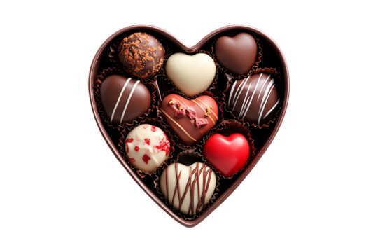 Chocolates in heart shaped box isolated on transparent background