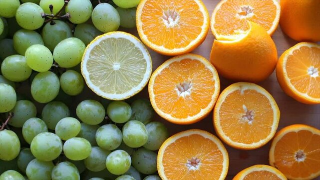 Freshly cut citrus fruits and green grapes