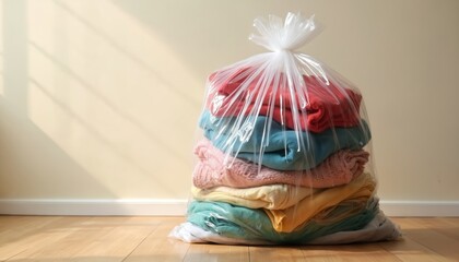 Plastic bag filled with assorted secondhand clothes. Donation recycling concept. Packed apparel, textile items for charity. Sustainable living, reducing waste, eco-friendly shopping.