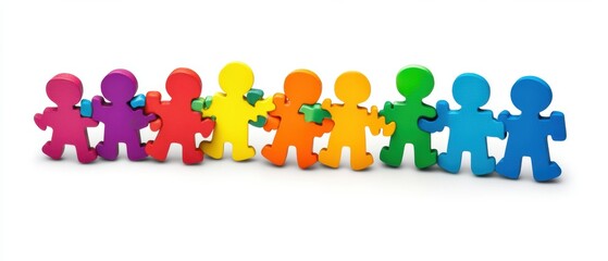 Fototapeta premium Colorful Wooden Figures Holding Hands Symbolizing Unity and Diversity on White Background