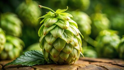 Detailed view of a single beer hop cone covered in sticky resin and tiny green buds , botanical, hop