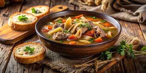 Close up of steaming hot bowl of tripe soup with tender beef and vegetables in a savory broth served with a slice of fresh bread on a wooden table, close-up food, hearty stew
