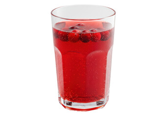 Rubyred beverage with floating cranberries glistens in a tall glass against a stark black backdrop