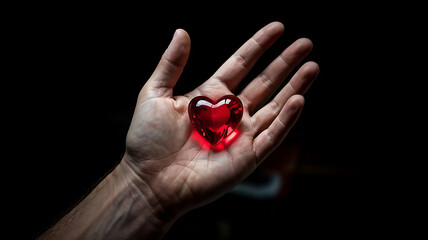 Fototapeta premium Glowing red heart held gently in a loving hand a symbol of pure affection and care