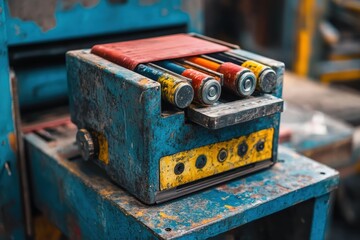 Worn Factory Machine with Colorful Rollers and Weathered Blue Paint Showing Industrial Decay