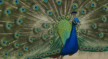 Fototapeta premium Realistic and detailed digital illustration of a majestic peacock with fully spread iridescent feathers, showing vivid blue and green plumage on neutral background – Generative AI