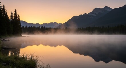 Obraz premium Lake at Sunrise with Fog and Mountain Reflecting in Water