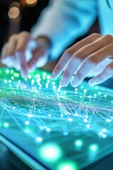 Digital Connection: Hands Interacting with Futuristic Network Interface on Tablet Screen