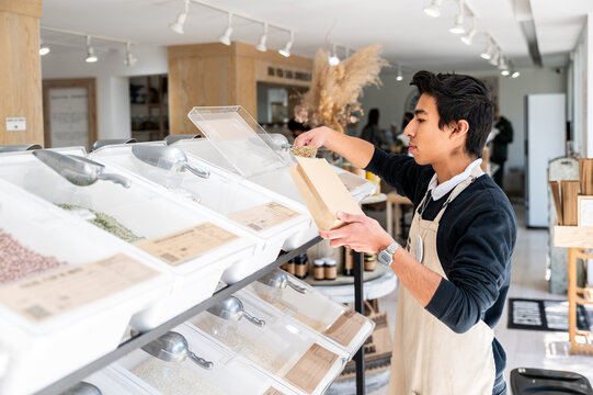 Zero-waste shopping at bulk store with eco-friendly packaging