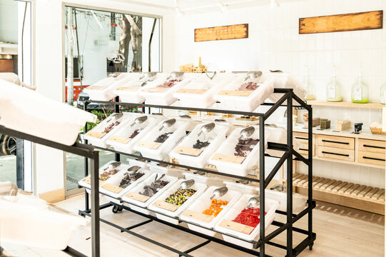 Bulk bins in a bright eco-friendly grocery store