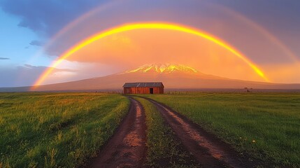 Scenic landscape featuring a vibrant rainbow, a mountain, and a barn