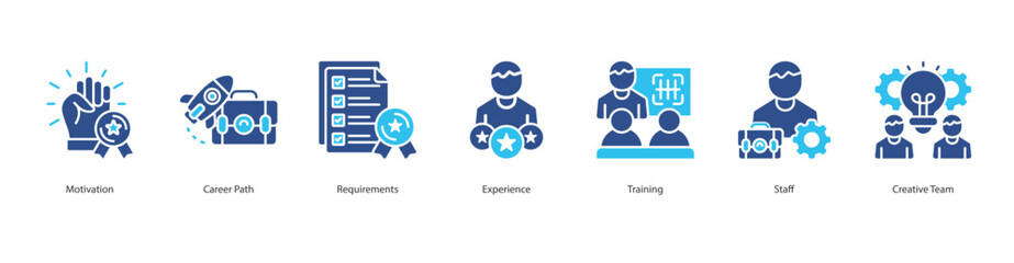 Career Development icon sheet vcetor motivation, career path, requirements, experience, training, staff, creative team