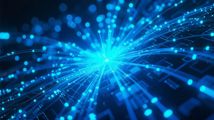 Blue fiber optic light streaks representing fast data transmission
