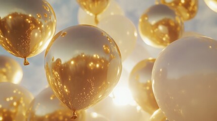 happy birthday celebration party banner with golden and white balloons. seamless looping overlay 4k virtual video animation background