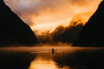 Man rows in lake surrounded by mountains and clouds at sunset, dramatic lighting