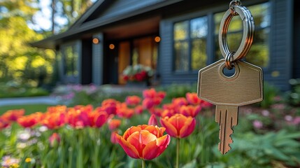 New house keys dangling in front of a garden