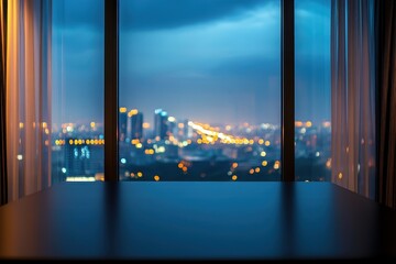 Interior shot of a modern window with cityscape bokeh background at night. Use it for urban life concepts, travel or home design presentations.