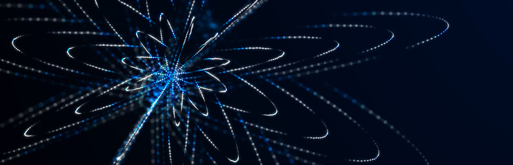 Abstract 3D illustration with cells of viruses, bacteria on dark background. Background with dots and lines. 3D