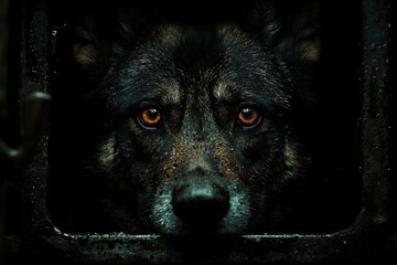 Fototapeta premium A wolf stares intensely through a dark enclosure, its amber eyes glowing in the dim light.