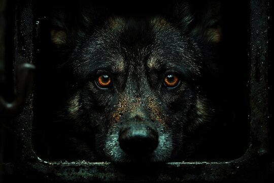 A wolf stares intensely through a dark enclosure, its amber eyes glowing in the dim light.