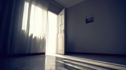 Sunlight streams into a room through an open door.  A bright, airy interior