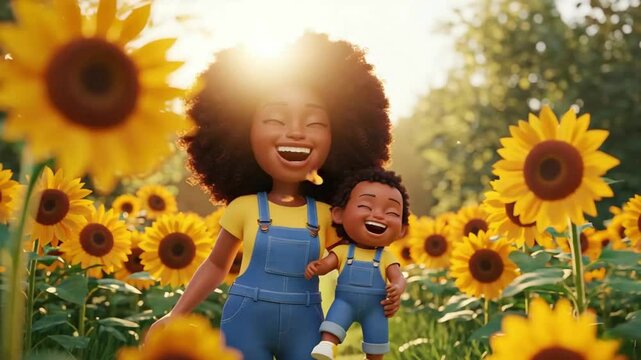 Happy mother and child amidst sunflowers cartoon style illustration for family and joyful summer themes, Generative AI