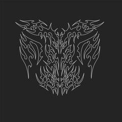 Fototapeta premium Symmetrical tribal vector design with sharp white lines on a dark background. Aggressive, abstract form with mystical and demonic visual elements.